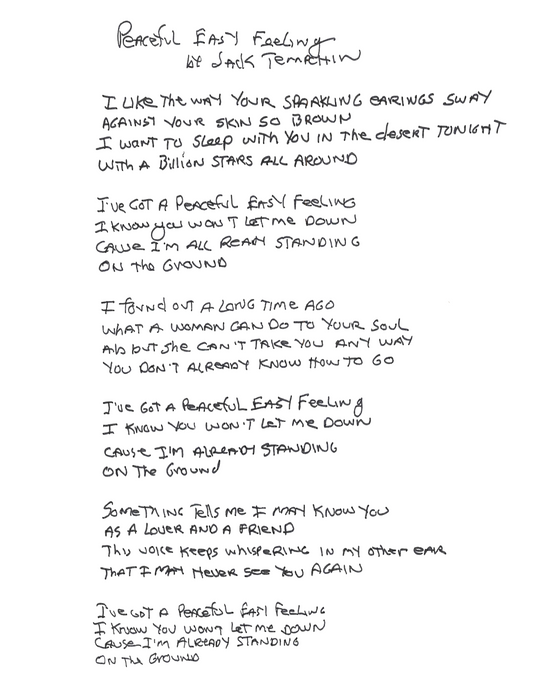Peaceful Easy Feeling: Handwritten Lyrics (Signed Limited Edition Print)